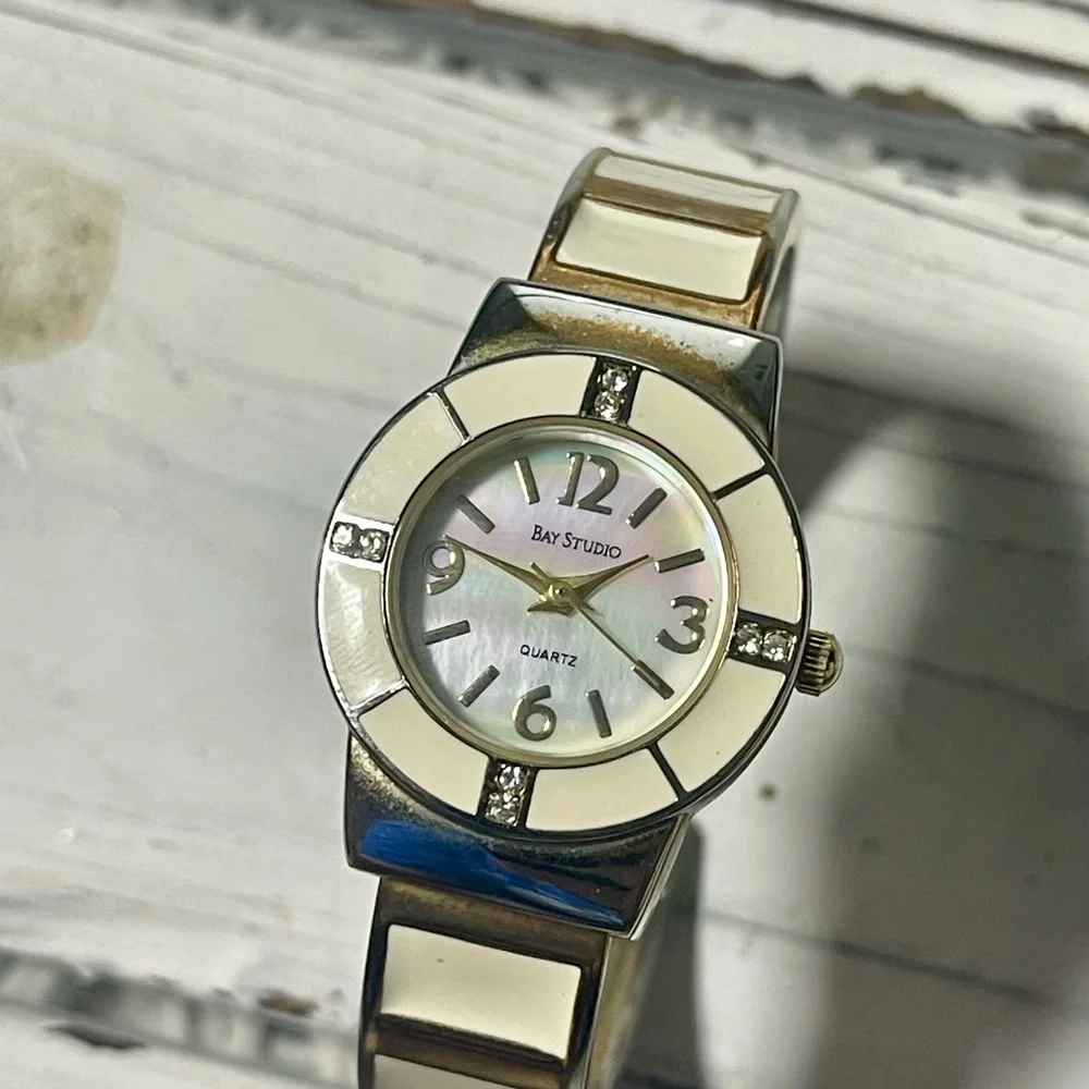 NEW BATTERY Vintage 90s Bangle Watch Bay Studio Cream Gold Ivory Mother Of Pearl